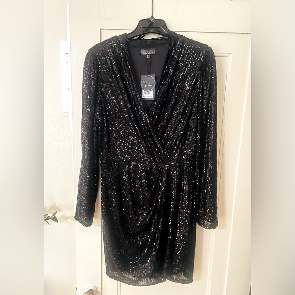 NWT Nicole Miller Sequin Mini Dress Long Sleeve Elastic Waist Black Women Sz 12